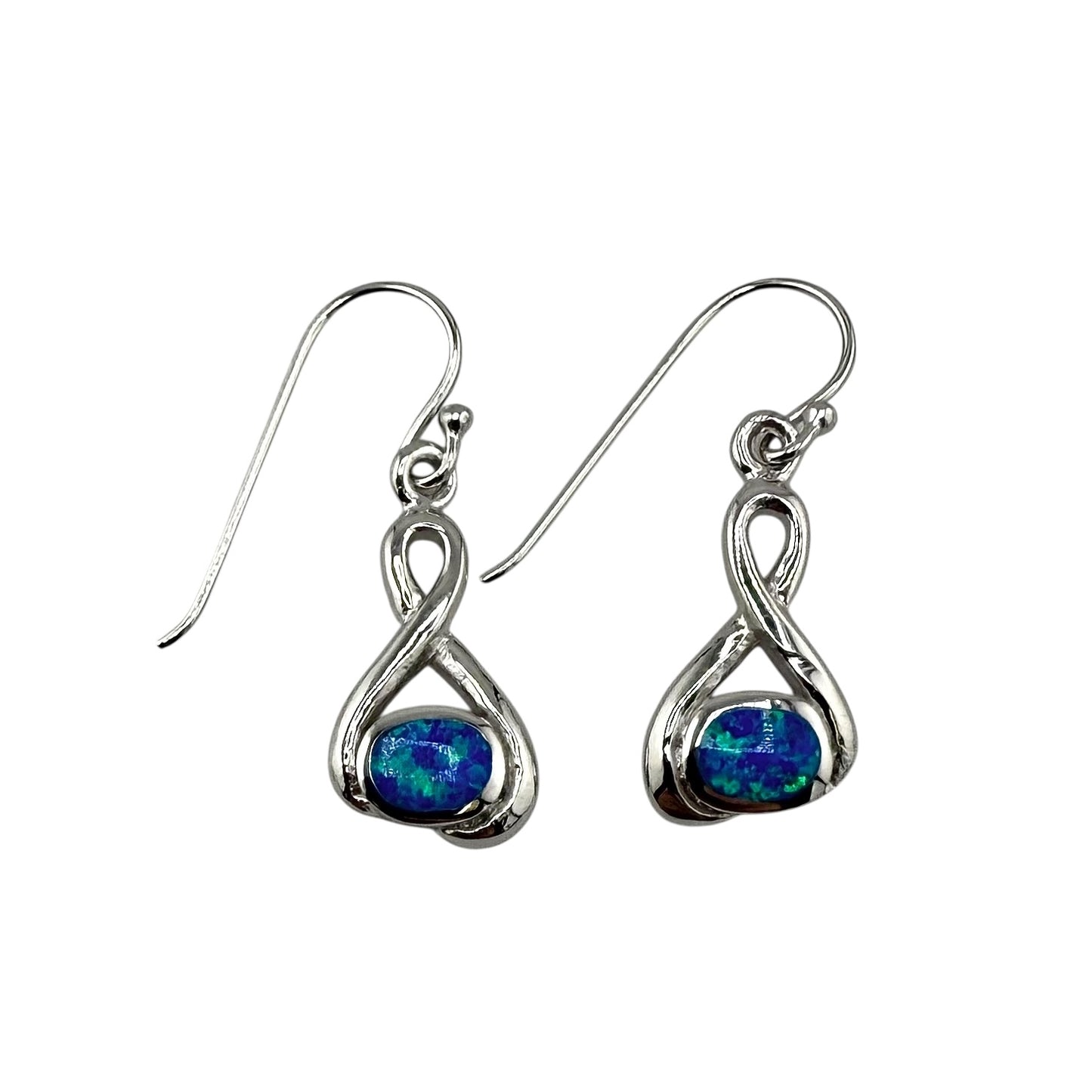 Blue Lab Opal Swirl Loop Dangle Earrings Sterling Silver