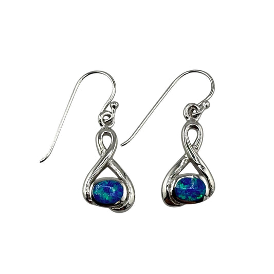 Blue Lab Opal Swirl Loop Dangle Earrings Sterling Silver