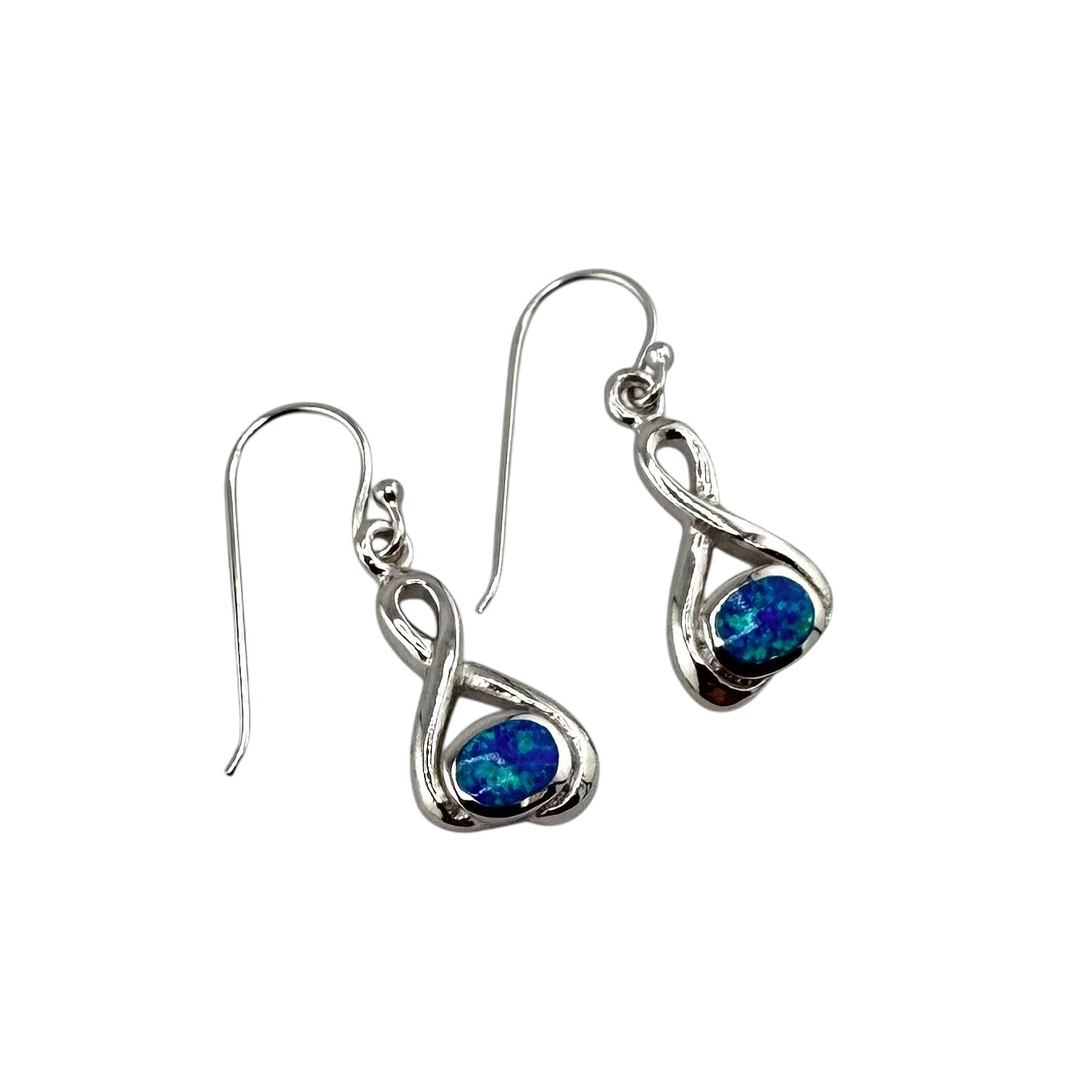 Blue Lab Opal Swirl Loop Dangle Earrings Sterling Silver