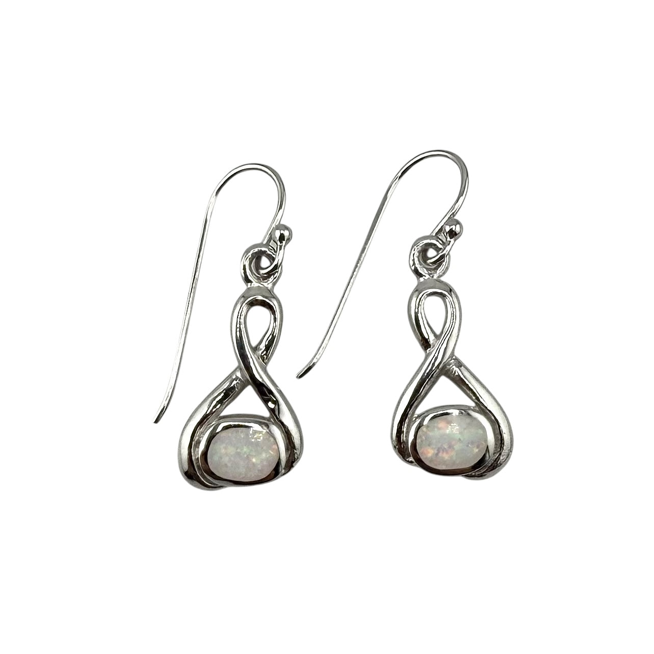 White Lab Opal Swirl Loop Dangle Earrings Sterling Silver