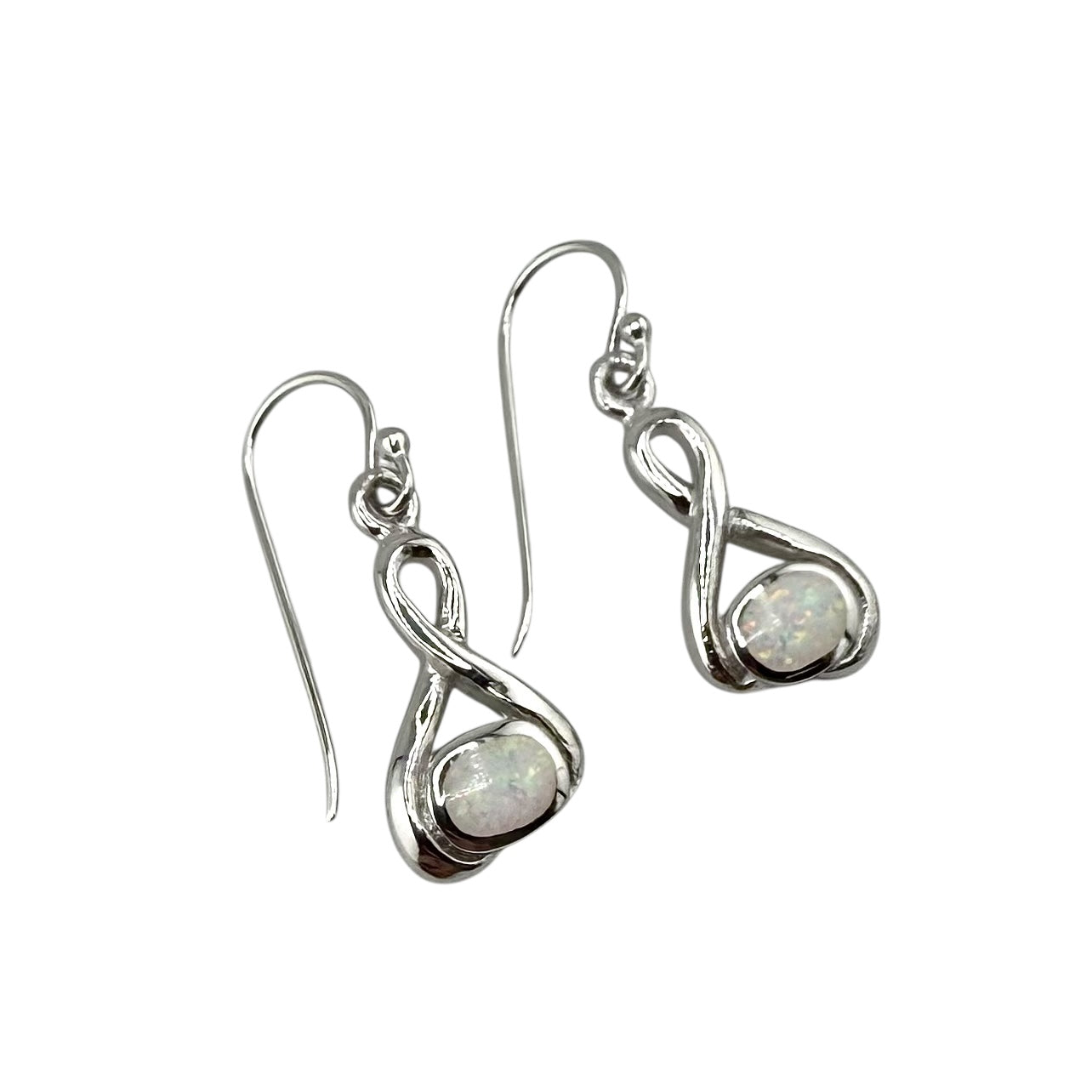 White Lab Opal Swirl Loop Dangle Earrings Sterling Silver