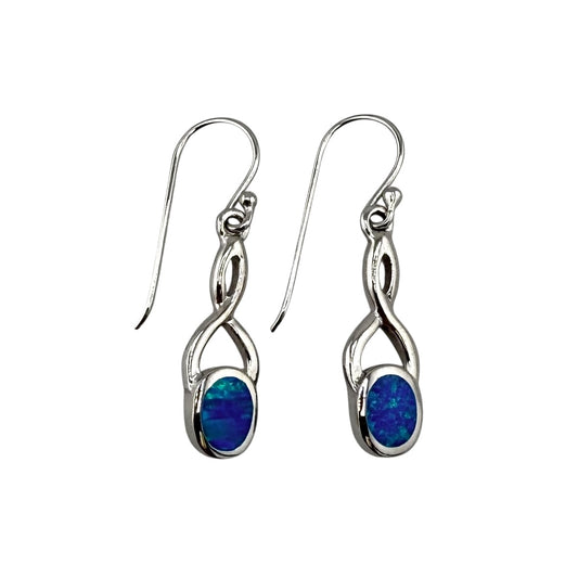 Blue Lab Opal Swirl Loop Dangle Earrings Sterling Silver