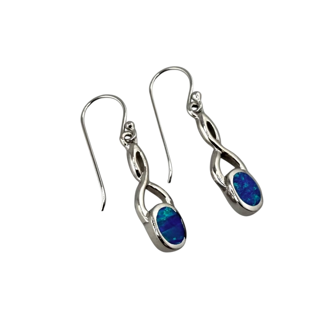 Blue Lab Opal Swirl Loop Dangle Earrings Sterling Silver
