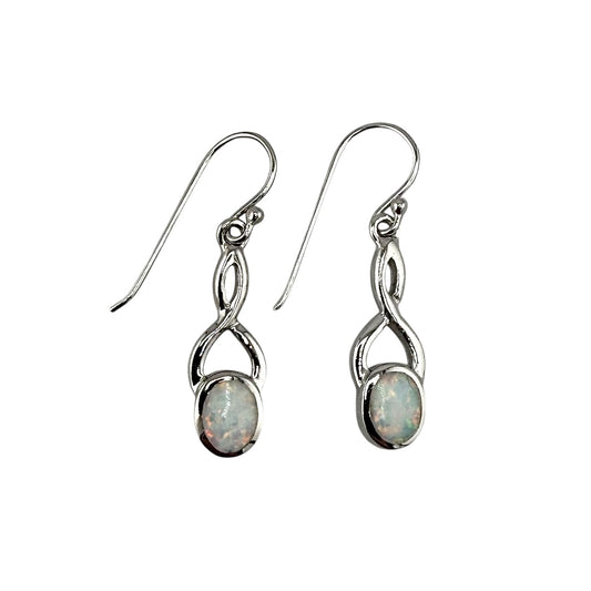 White Lab Opal Swirl Loop Dangle Earrings Sterling Silver