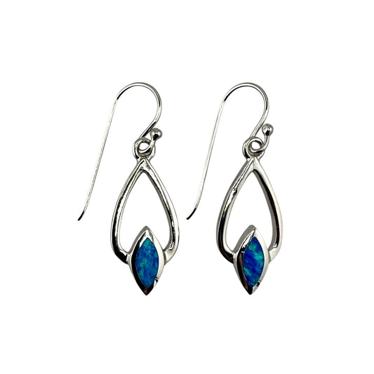 Blue Lab Opal Pear Diamond Shape Dangle Earrings Sterling Silver