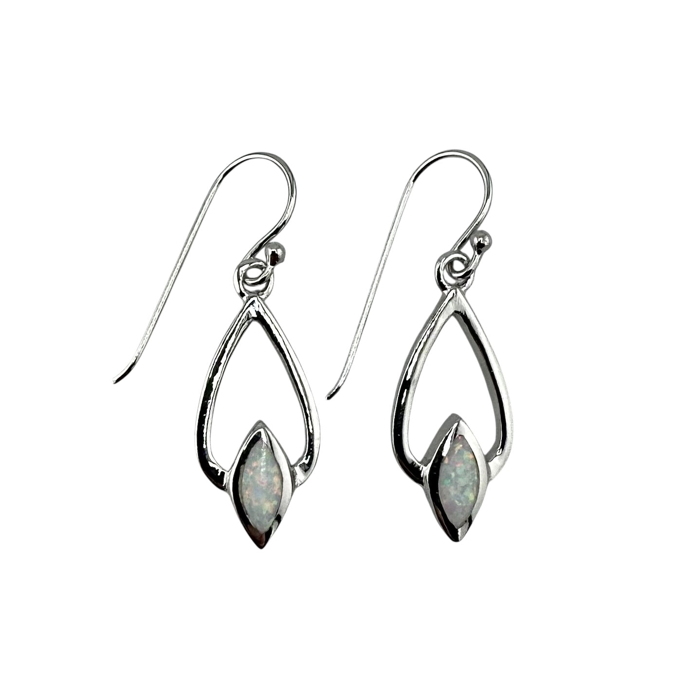 White Lab Opal Pear Diamond Shape Dangle Earrings Sterling Silver