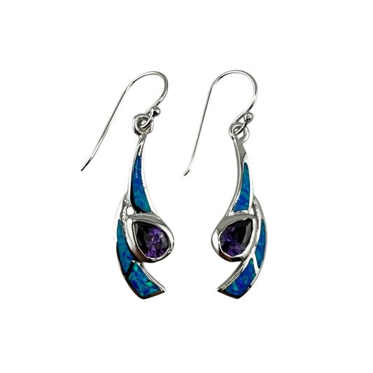 Blue Lab Opal Pear Amethyst CZ Dangle Earrings Sterling Silver