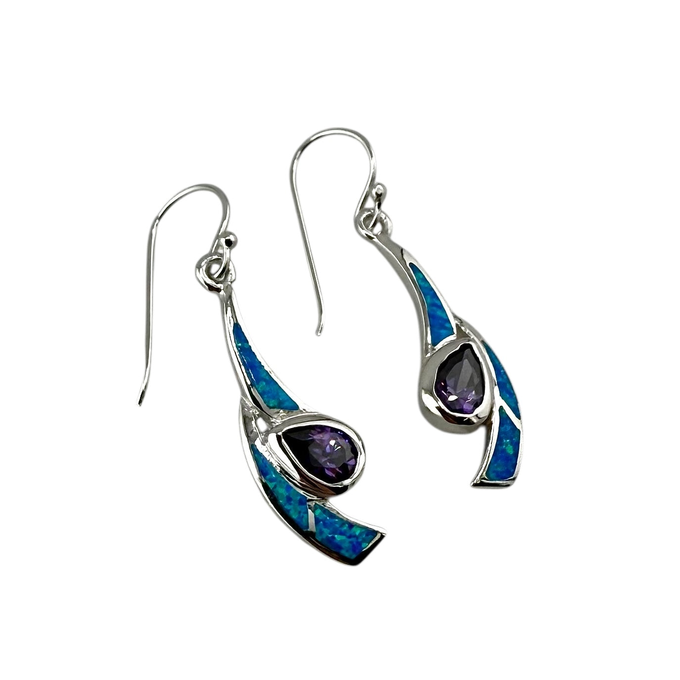 Blue Lab Opal Pear Amethyst CZ Dangle Earrings Sterling Silver