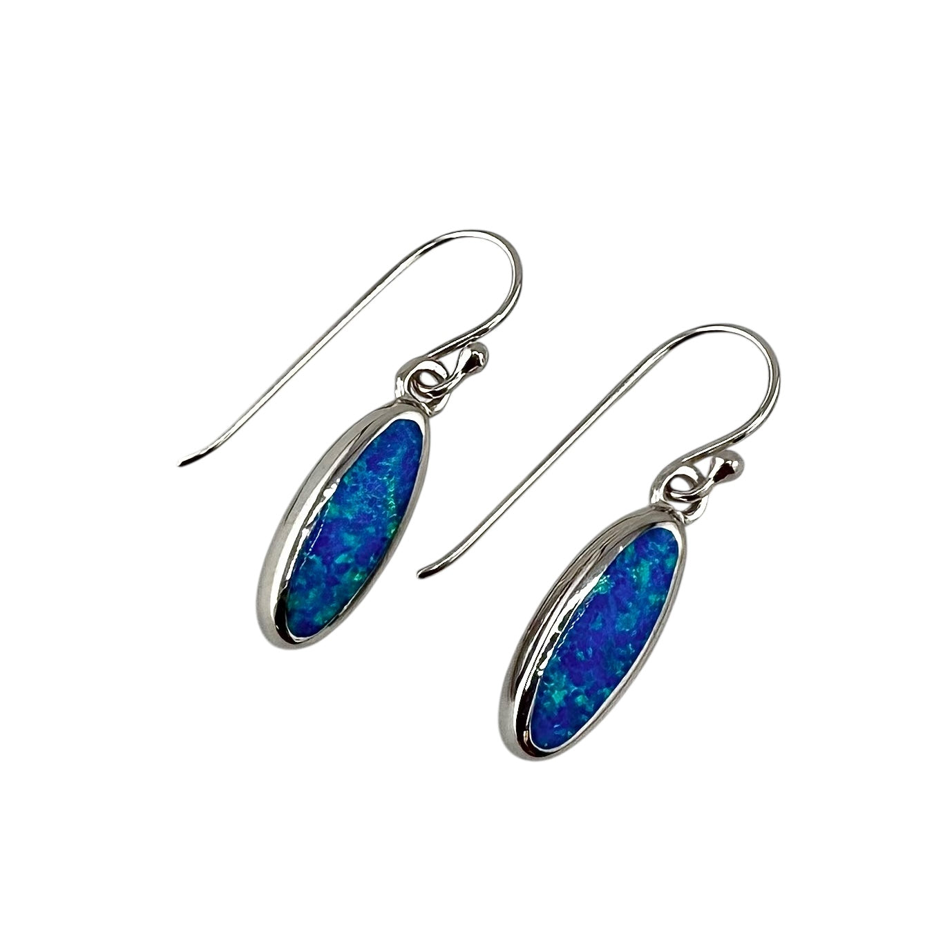 Blue Lab Opal Oval Dangle Earrings Sterling Silver