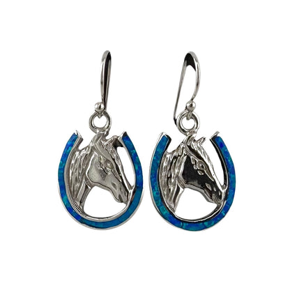 Blue Lab Opal Horse Head Horseshoe Earrings Sterling Silver