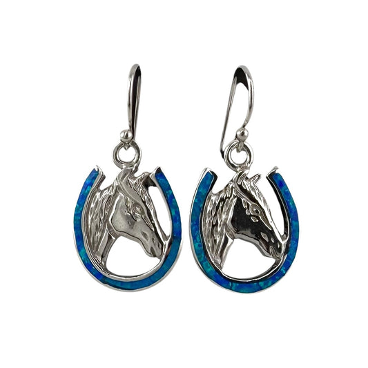 Blue Lab Opal Horse Head Horseshoe Earrings Sterling Silver