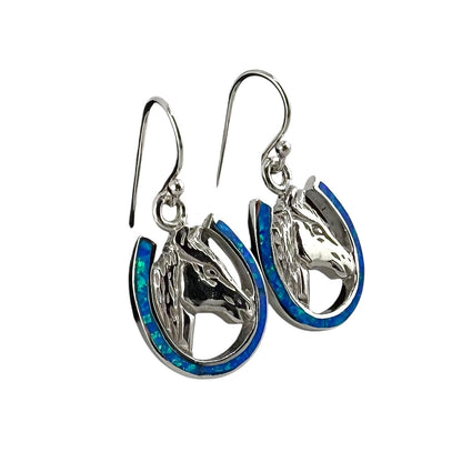 Blue Lab Opal Horse Head Horseshoe Earrings Sterling Silver