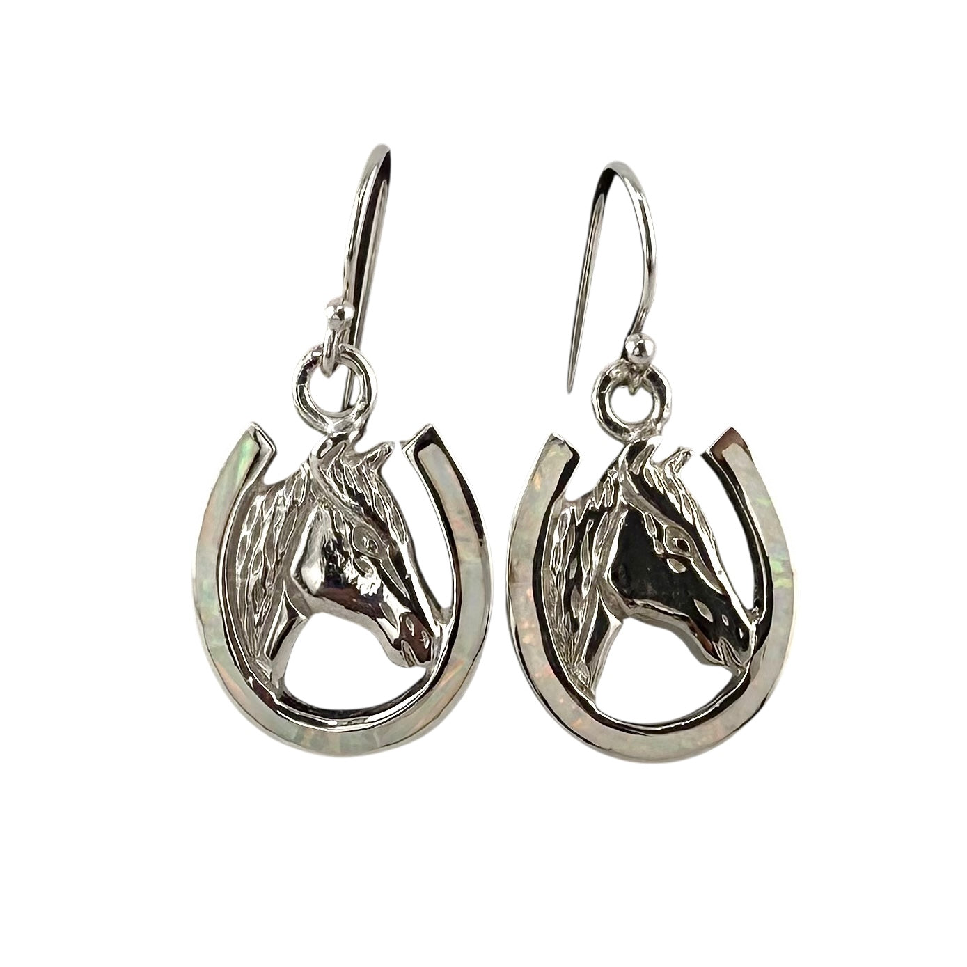 White Lab Opal Horse Head Horseshoe Earrings Sterling Silver