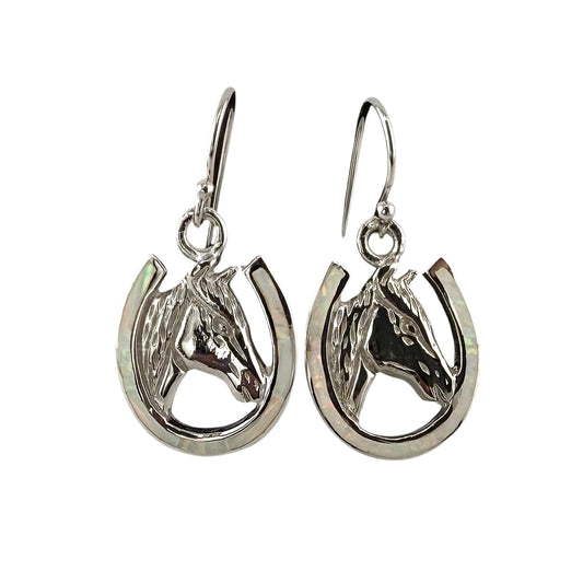 White Lab Opal Horse Head Horseshoe Earrings Sterling Silver