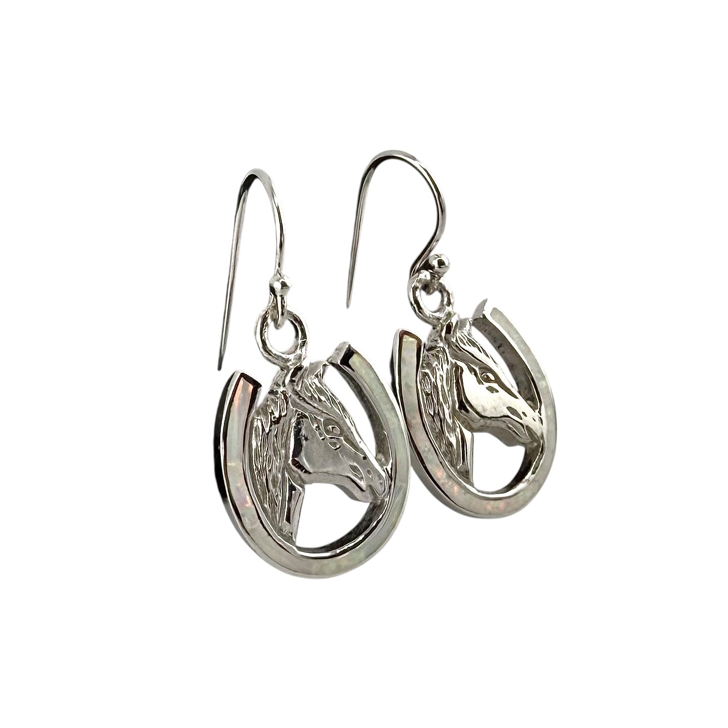 White Lab Opal Horse Head Horseshoe Earrings Sterling Silver