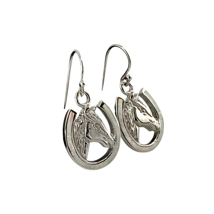 White Lab Opal Horse Head Horseshoe Earrings Sterling Silver