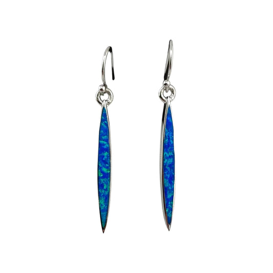 Blue Lab Opal Pointed Oval Dangle Earrings Sterling Silver