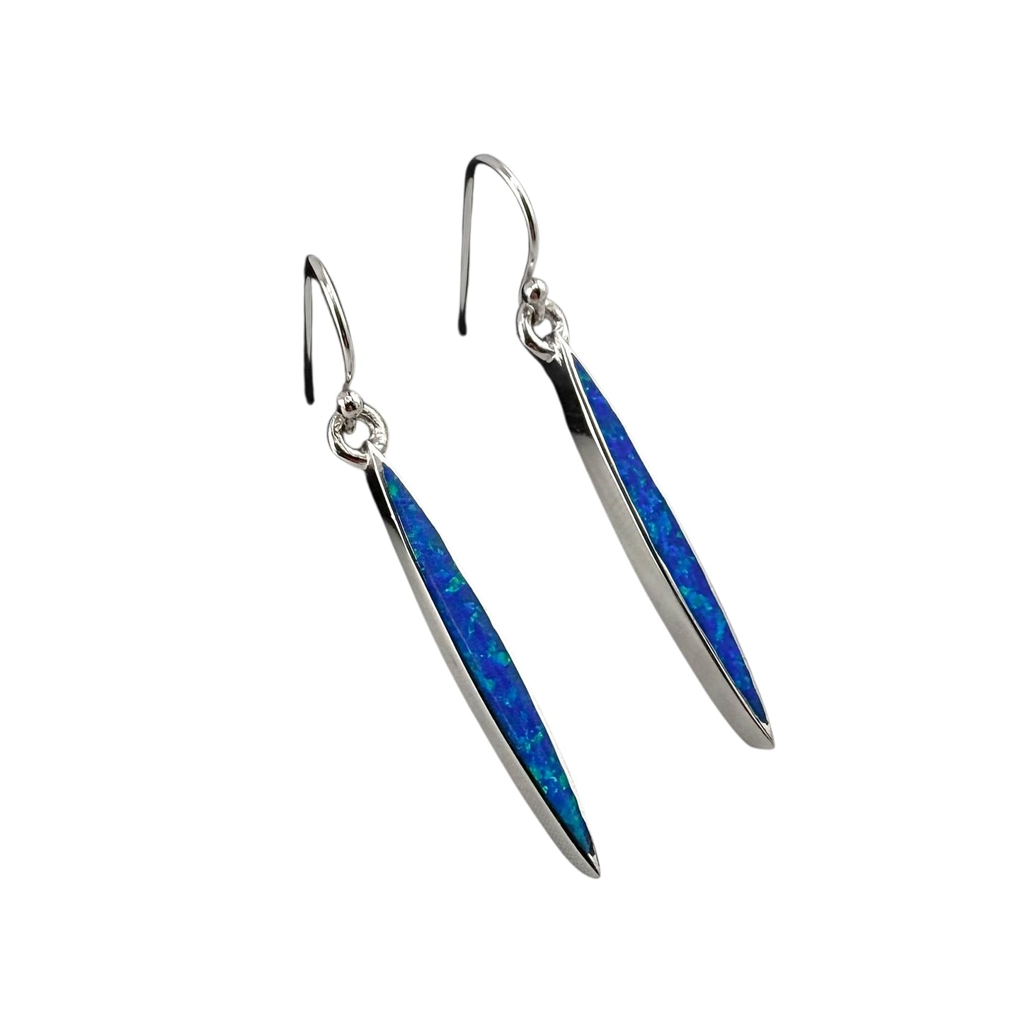 Blue Lab Opal Pointed Oval Dangle Earrings Sterling Silver