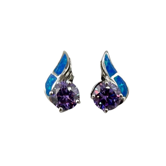 Blue Lab Opal Curve Amethyst CZ Post Earrings Sterling Silver
