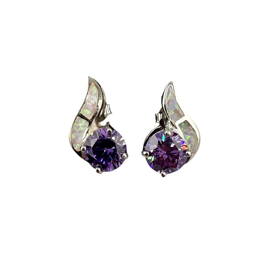 White Lab Opal Curve Amethyst CZ Post Earrings Sterling Silver