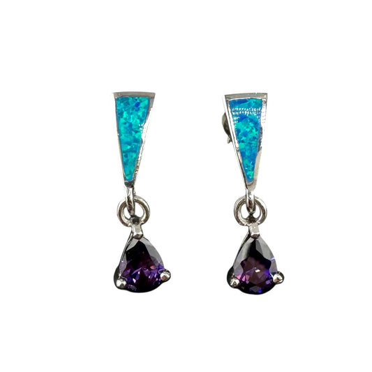 Blue Lab Triangle Pear Amethyst CZ Post Earrings Sterling Silver