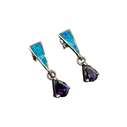 Blue Lab Triangle Pear Amethyst CZ Post Earrings Sterling Silver
