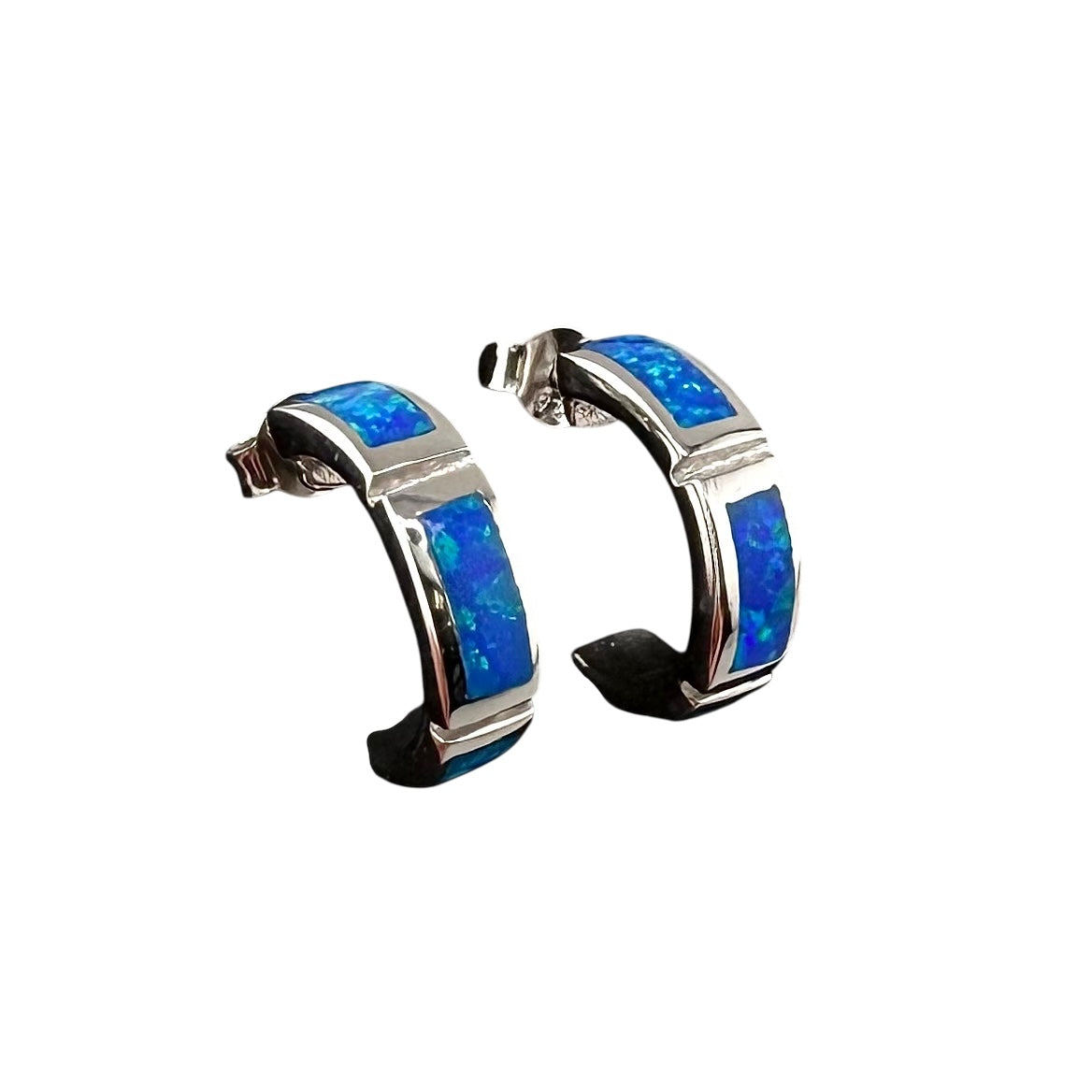 Blue Lab Opal Half Circle Post Earrings Sterling Silver