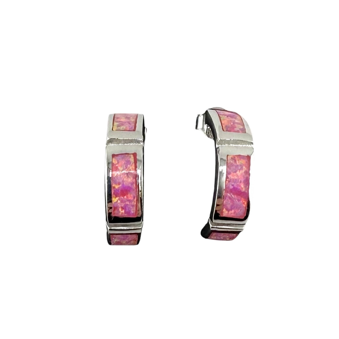 Pink Lab Opal Half Circle Post Earrings Sterling Silver