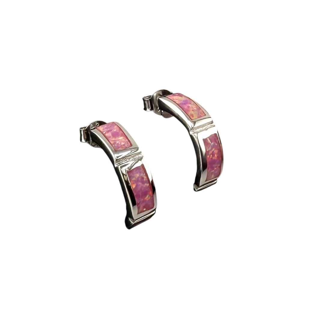 Pink Lab Opal Half Circle Post Earrings Sterling Silver
