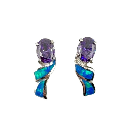 Blue Lab Opal Oval Amethyst CZ Post Earrings Sterling Silver