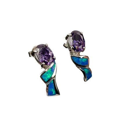 Blue Lab Opal Oval Amethyst CZ Post Earrings Sterling Silver