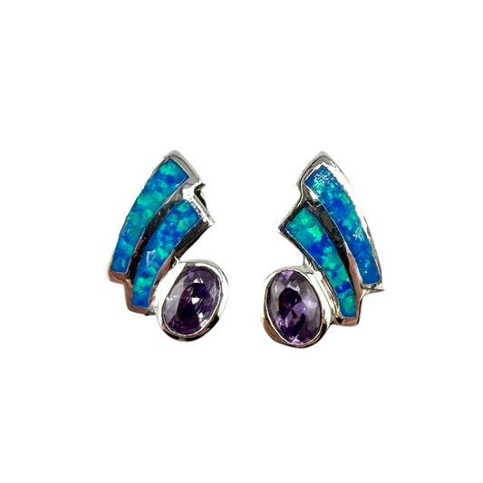 Blue Lab Opal Oval Amethyst CZ Post Earrings Sterling Silver