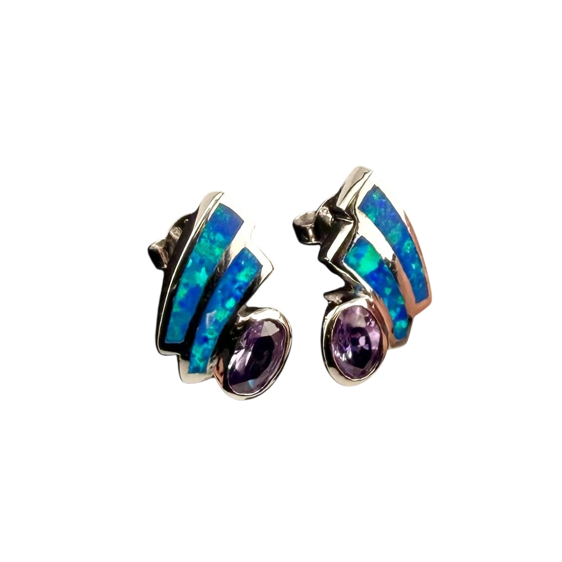 Blue Lab Opal Oval Amethyst CZ Post Earrings Sterling Silver