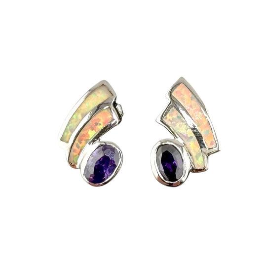 White Lab Opal Oval Amethyst CZ Post Earrings Sterling Silver