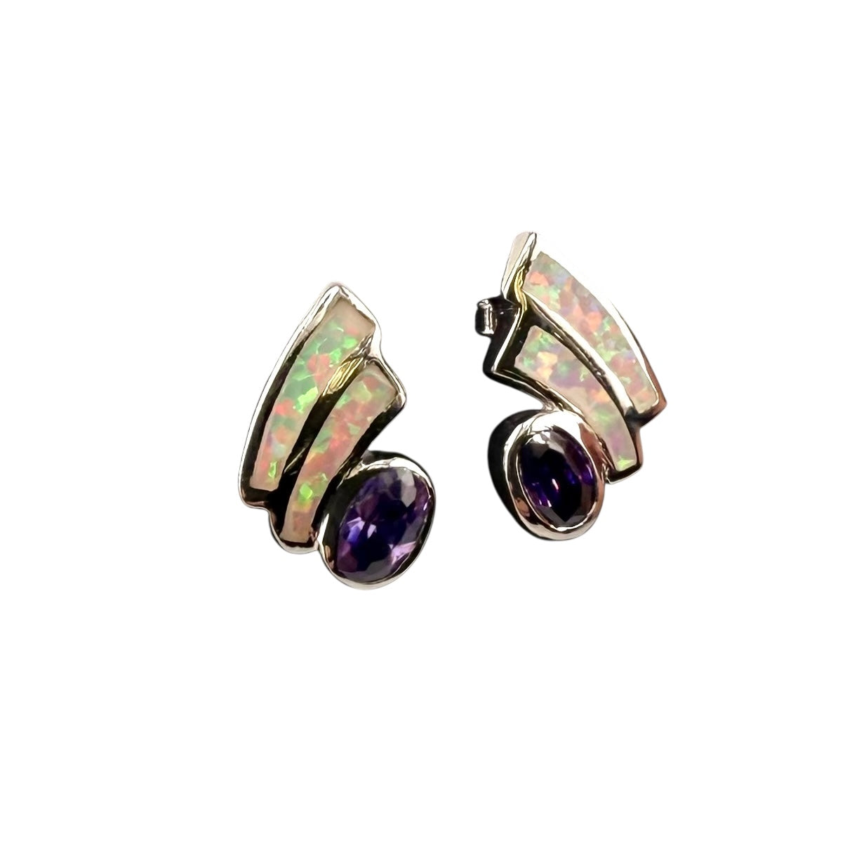 White Lab Opal Oval Amethyst CZ Post Earrings Sterling Silver