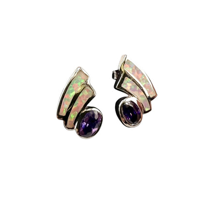 White Lab Opal Oval Amethyst CZ Post Earrings Sterling Silver
