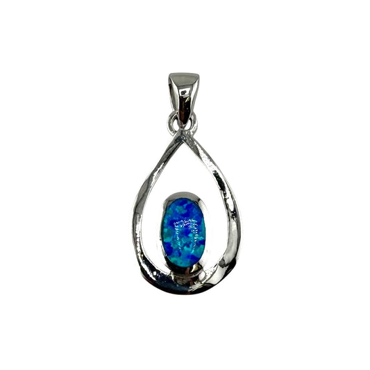 Blue Lab Opal Oval Pear Pendant Sterling Silver