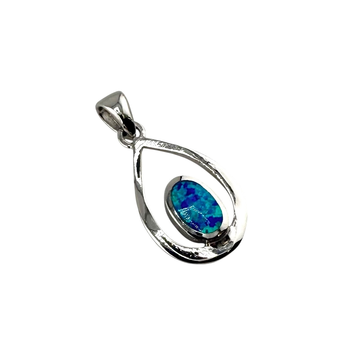 Blue Lab Opal Oval Pear Pendant Sterling Silver