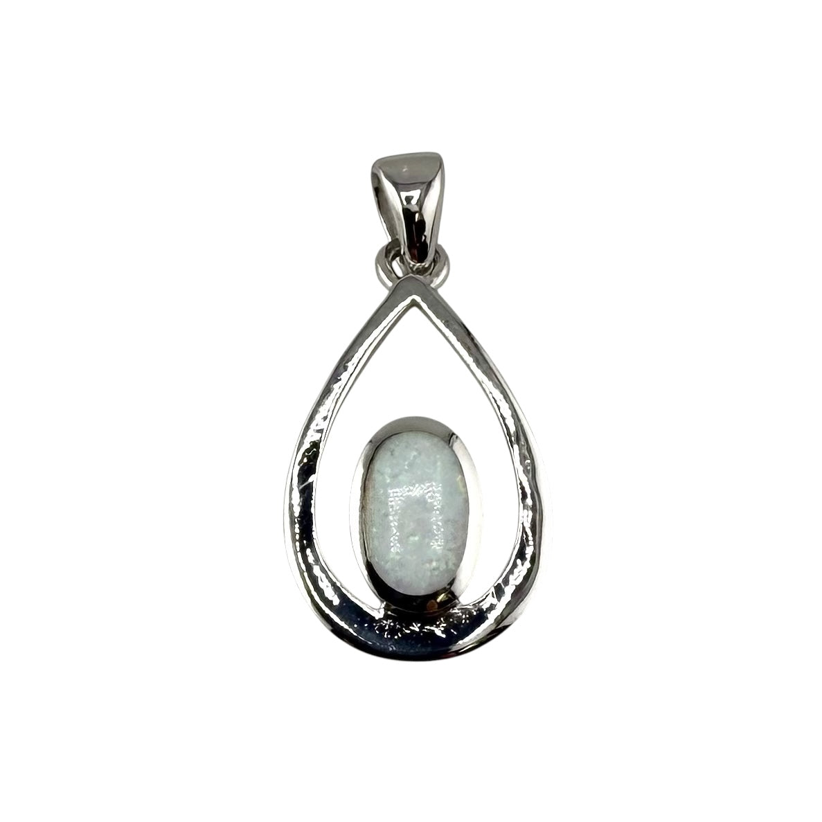 White Lab Opal Oval Pear Pendant Sterling Silver