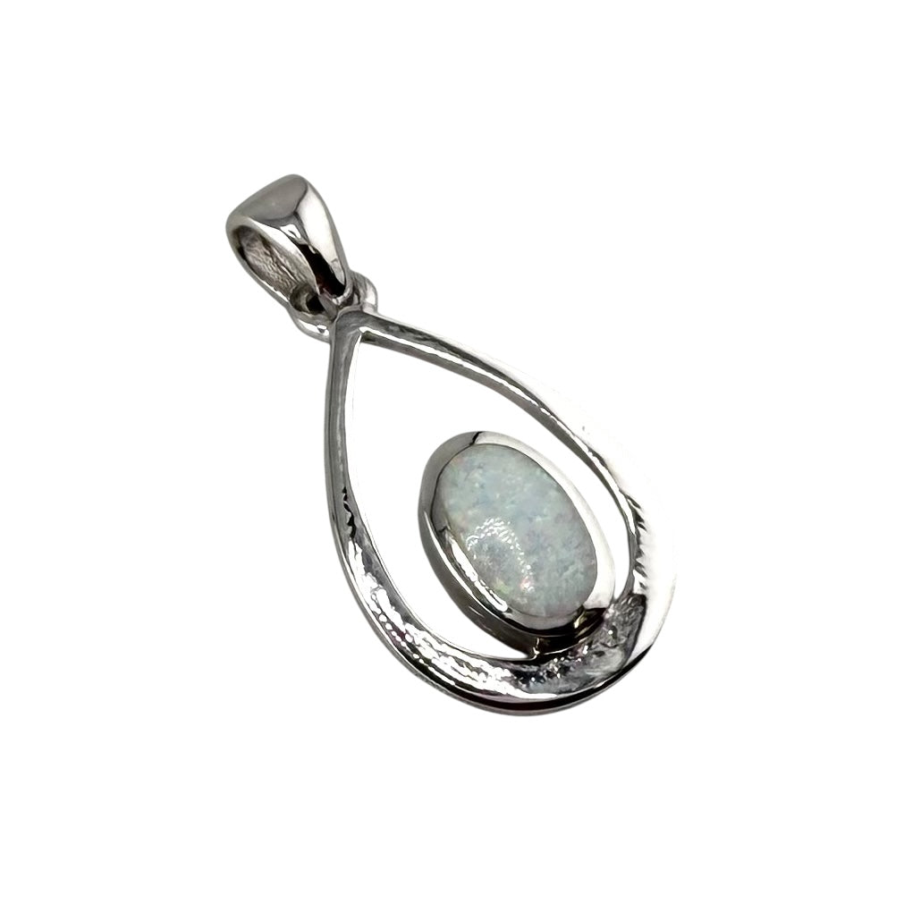 White Lab Opal Oval Pear Pendant Sterling Silver