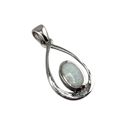 White Lab Opal Oval Pear Pendant Sterling Silver