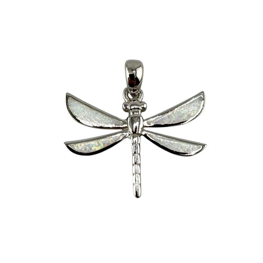 White Lab Opal Dragonfly Pendant Sterling Silver