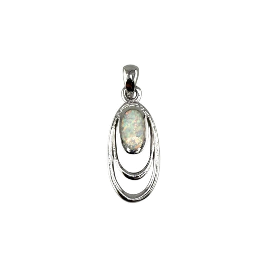 White Lab Opal Oval Pendant Sterling Silver