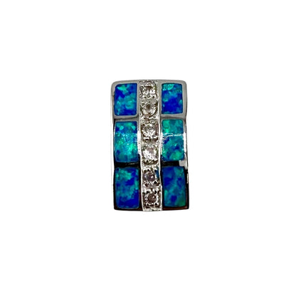 Blue Lab Opal Hidden Bail Rectangle CZ Pendant Sterling Silver