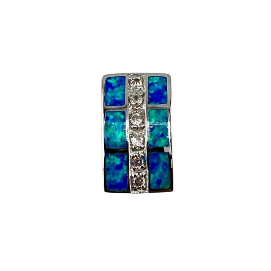 Blue Lab Opal Hidden Bail Rectangle CZ Pendant Sterling Silver