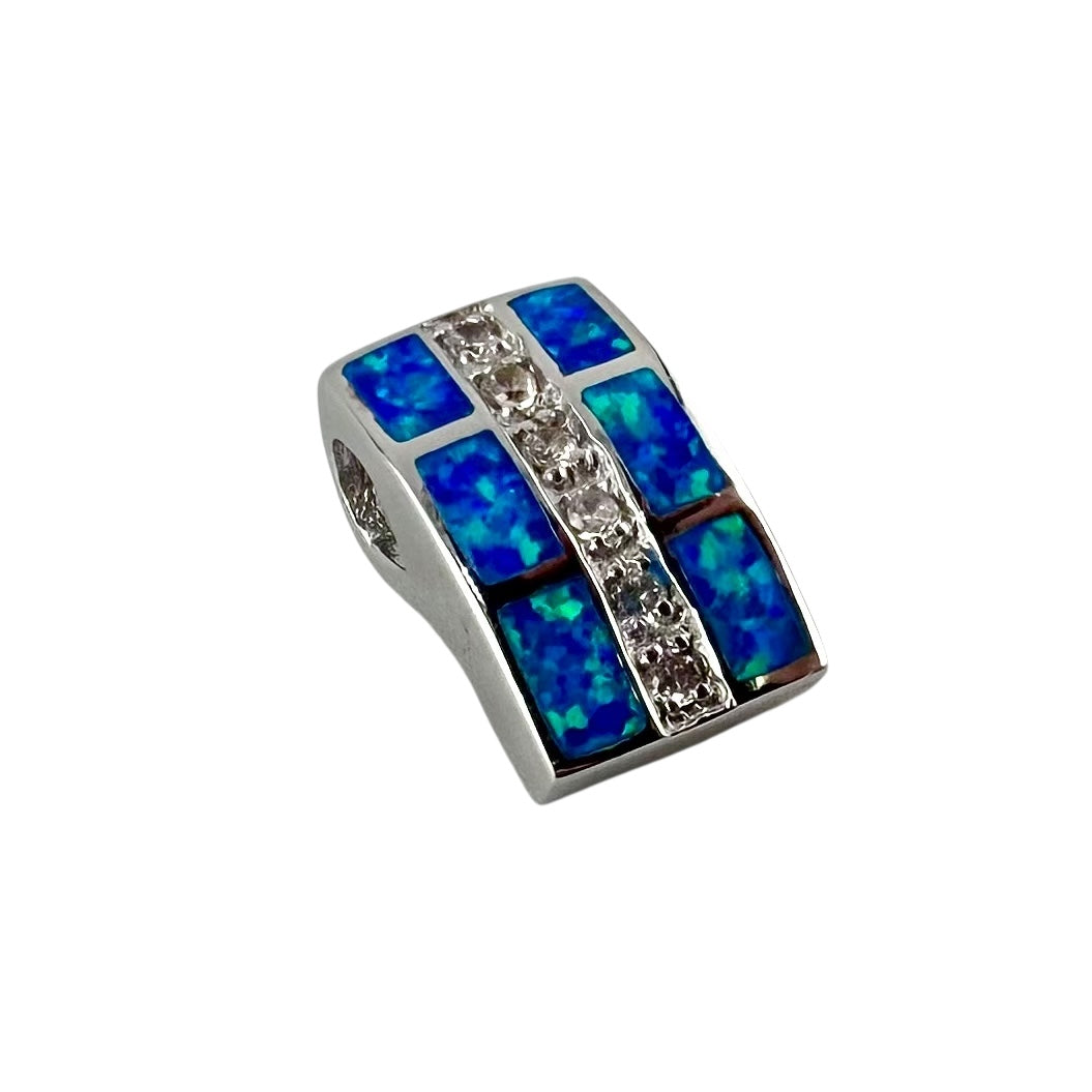 Blue Lab Opal Hidden Bail Rectangle CZ Pendant Sterling Silver