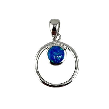 Blue Lab Opal Circle Pendant Sterling Silver
