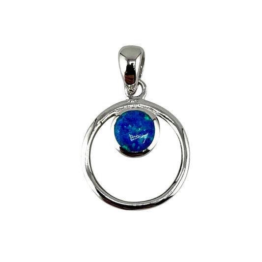 Blue Lab Opal Circle Pendant Sterling Silver