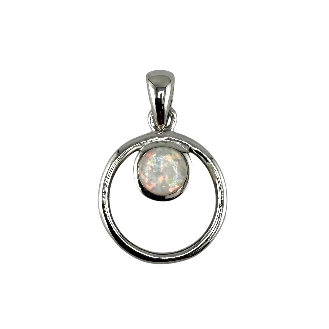 White Lab Opal Circle Pendant Sterling Silver