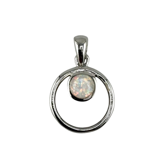 White Lab Opal Circle Pendant Sterling Silver